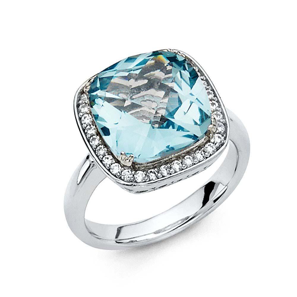 14K White Gold 2.5mm Sea Blue And Clear CZ Engagement Ring