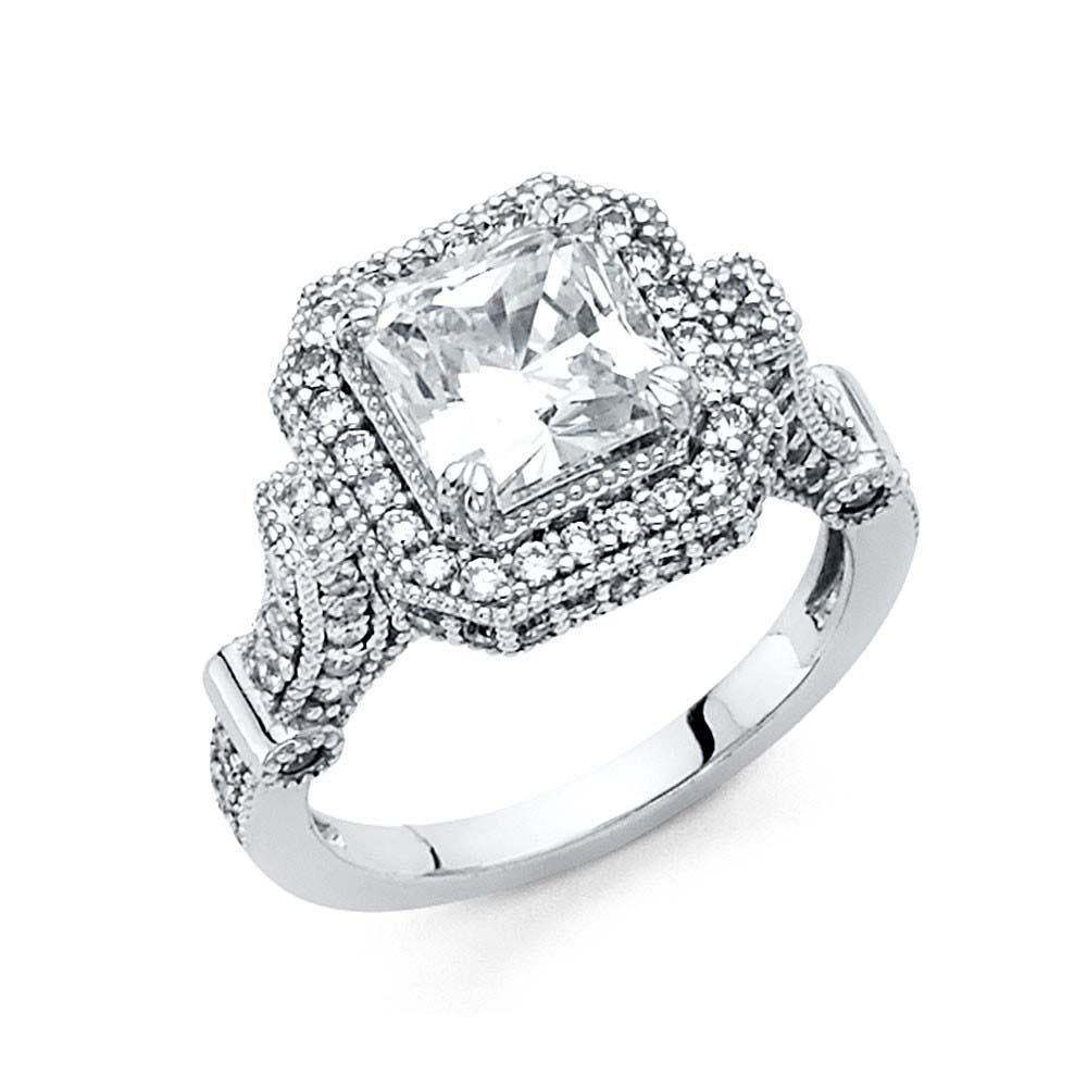 14K White Gold 2.5mm Cubic Zirconia Center Stone Princess Shaped Engagement Ring