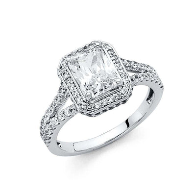 14K White Gold 5mm Scalloped Split Shank 1.75-CT Radiant-Cut Halo Polished Finish CZ Engagement Ring - silverdepot