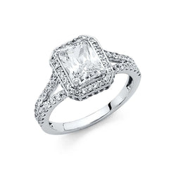 14K White Gold 5mm Scalloped Split Shank 1.75-CT Radiant-Cut Halo Polished Finish CZ Engagement Ring