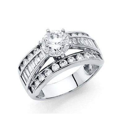 14K White Gold 1.25-CT 6-Prong Round-Cut And 3-Row Side CZ Engagement Ring - silverdepot