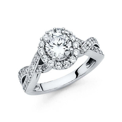 14K White Gold 5mm Woven Criss-Cross Polished Finish Halo 1-CT Round-Cut CZ Engagement Ring - silverdepot