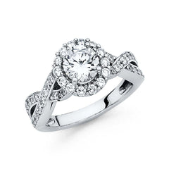 14K White Gold 5mm Woven Criss-Cross Polished Finish Halo 1-CT Round-Cut CZ Engagement Ring