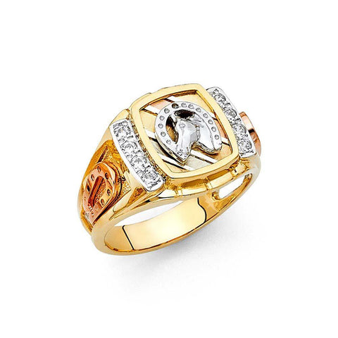 14K Two Tone CZ Lucky Horseshoe Men's Ring