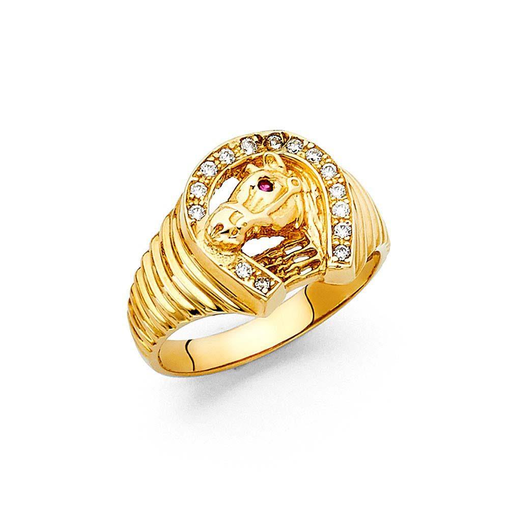 14K Yellow Gold CZ Lucky Horseshoe Men's Rings