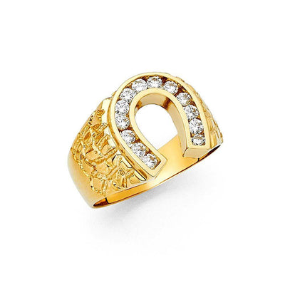 14K Yellow Gold CZ Lucky Horseshoe Men's Ring - silverdepot