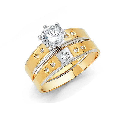 14K Two Tone 3mm CZ Wedding Trio Engagement Ring Sets