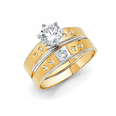 14K Two Tone 3mm CZ Wedding Trio Engagement Ring Sets
