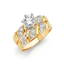 Load image into Gallery viewer, 14K Two Tone 4mm CZ Wedding Trio Ladies Wedding Band Sets