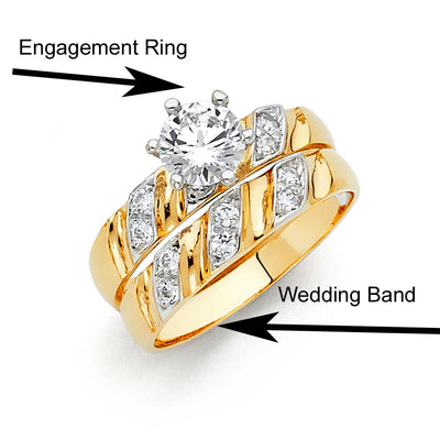 14K Two Tone 4mm CZ Wedding Trio Ladies Wedding Band Sets