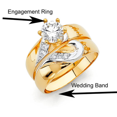 14K Two Tone 4mm CZ Wedding Trio Ladies Wedding Band Sets