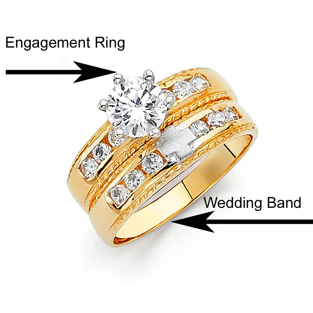 14K Two Tone 4mm CZ Wedding Trio Ladies Wedding Band Sets