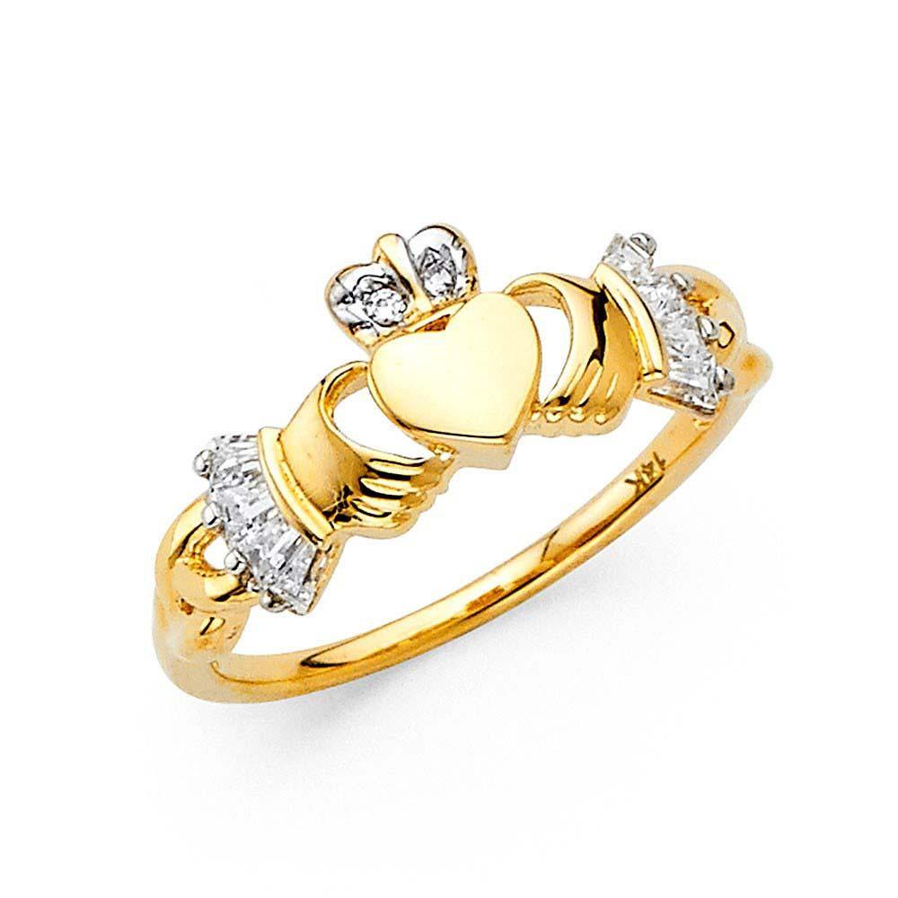 14K Yellow Gold Clear CZ Claddagh Ring - silverdepot