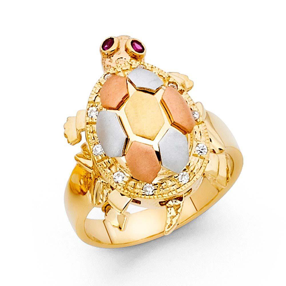 14K Tri Color 20mm Pink And Clear CZ Fancy Turtle Ring - silverdepot