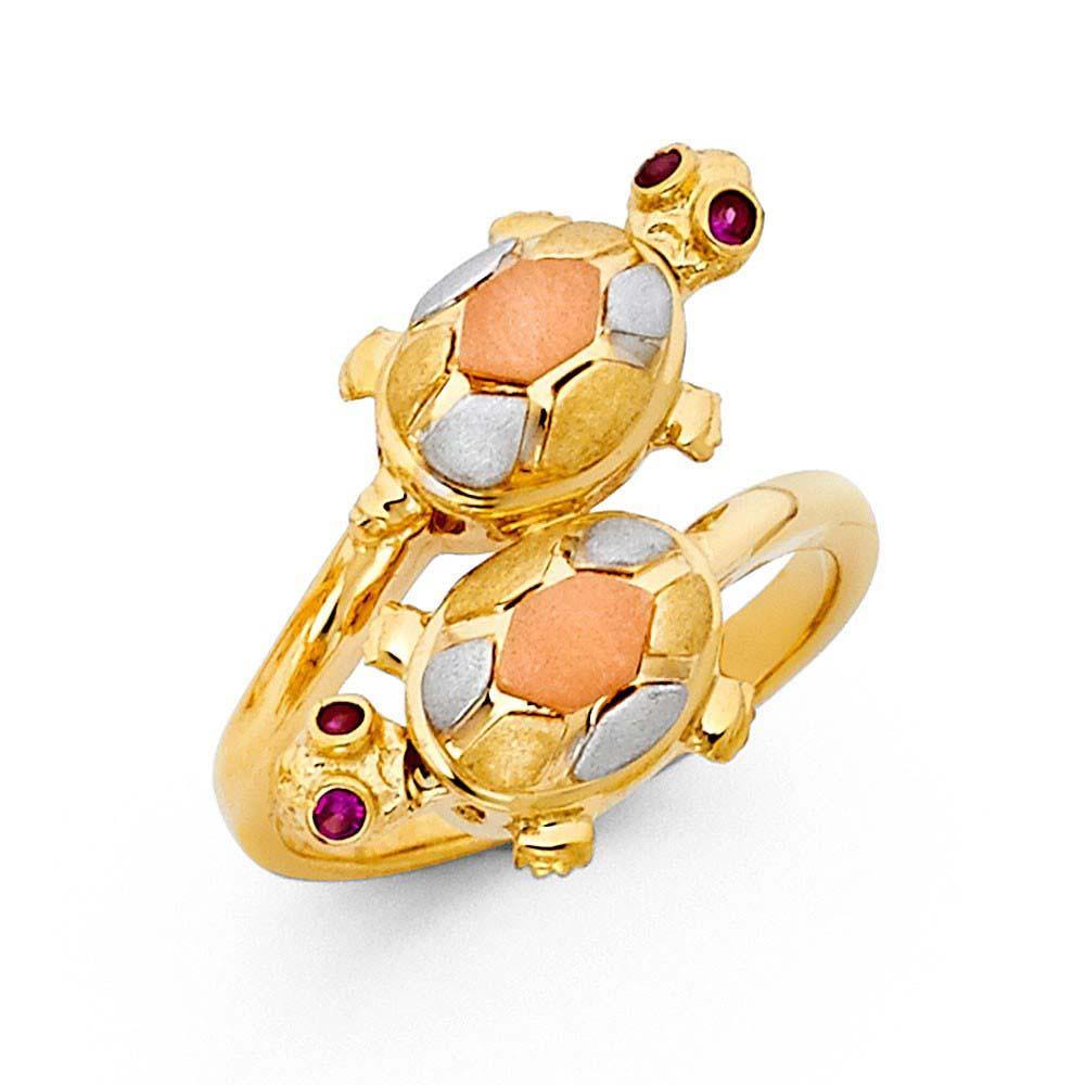 14K Tri Color 20mm Pink CZ Fancy Turtle Ring