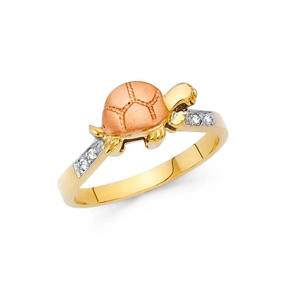 14K Tri Color 8mm Pink CZ Fancy Turtle Ring - silverdepot