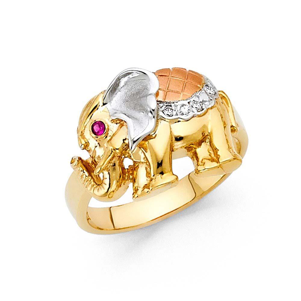 14K Tri Color 15mm Pink And Clear CZ Fancy Elephant Ring - silverdepot