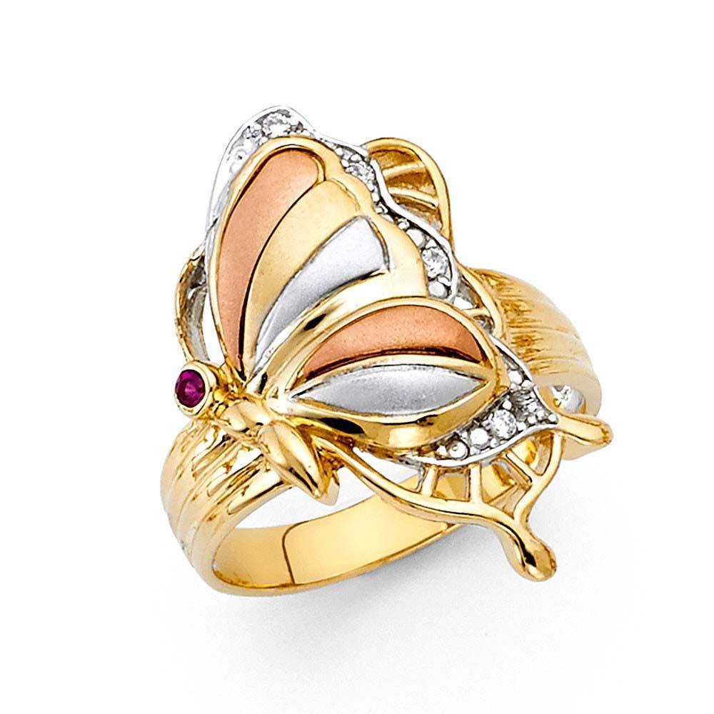 14K Tri Color 25mm Pink And Clear CZ Fancy Butterfly Ring - silverdepot