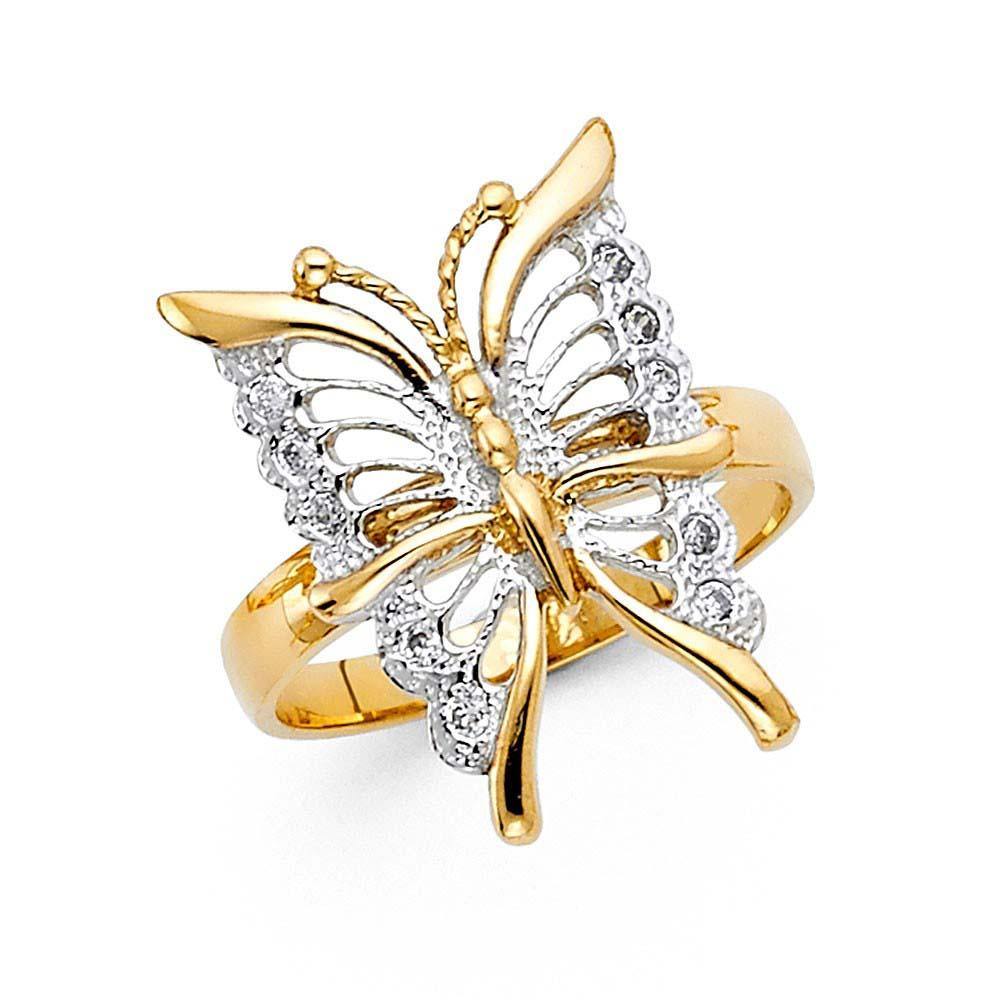 14K Two Tone 20mm Clear CZ Fancy Butterfly Ring - silverdepot