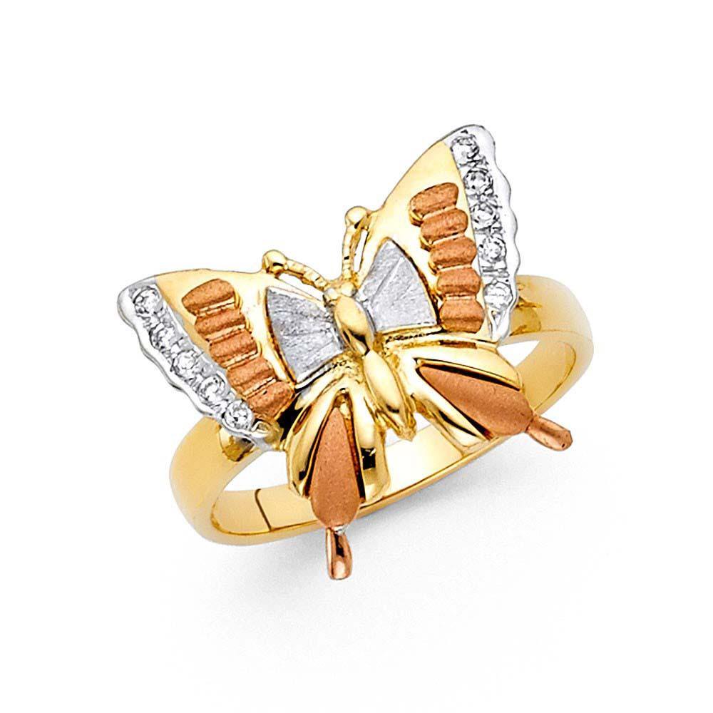 14K Tri Color 15mm Clear CZ Fancy Butterfly Ring - silverdepot