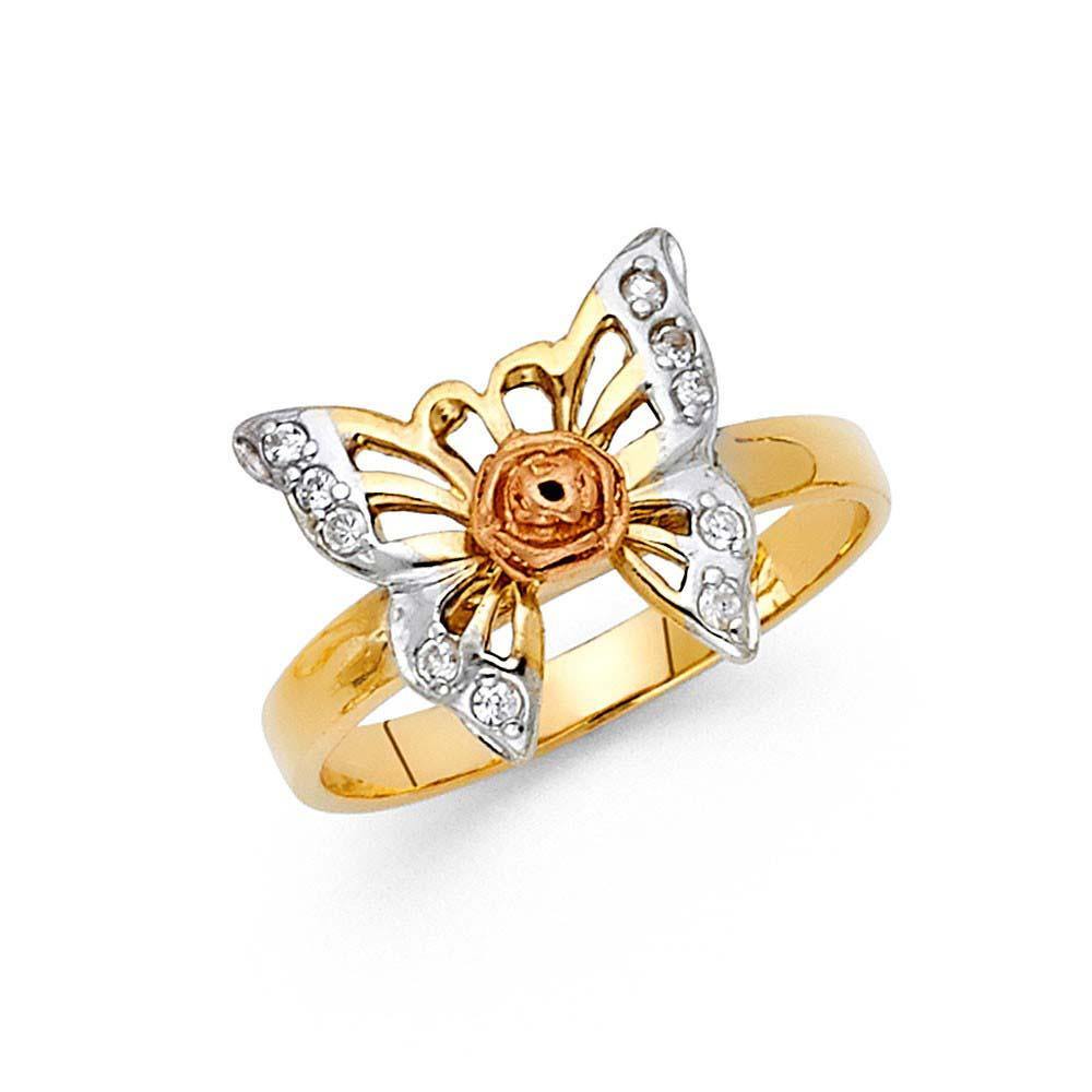 14K Tri Color 13mm Clear CZ Fancy Butterfly Ring - silverdepot