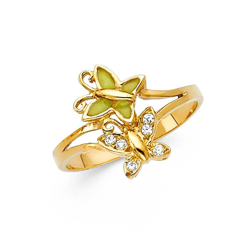 14K Yellow Gold 15mm Clear CZ Fancy Butterfly Ring - silverdepot