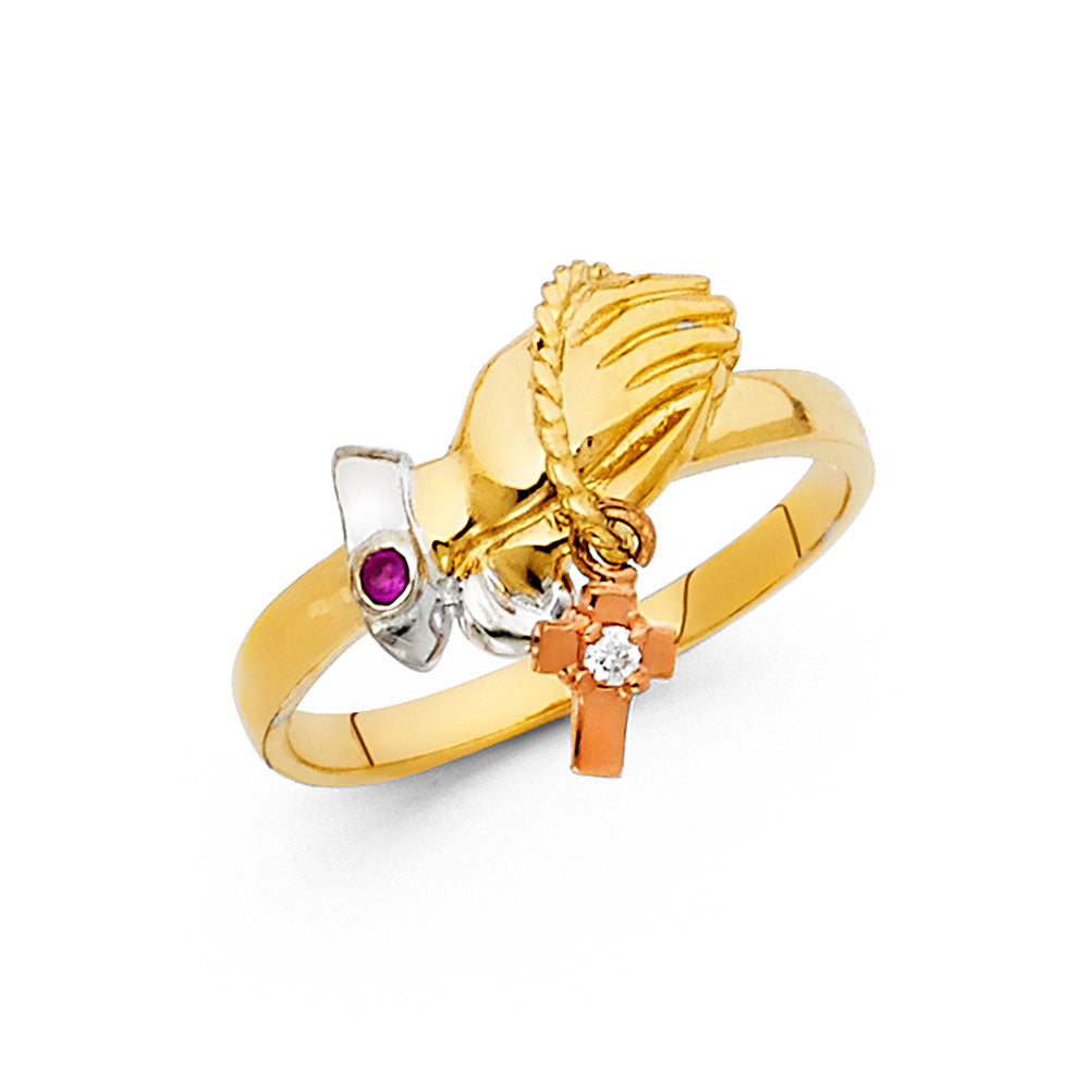 14K Tricolor CZ CRUCIFIX Ring 2.6grams