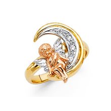 Load image into Gallery viewer, 14K Tricolor CZ ANGEL and MOON Ring 4.4grams