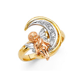 14K Tricolor CZ ANGEL and MOON Ring 4.4grams