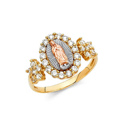 14K Tri Color 12mm Clear CZ Our Lady of Guadalupe Ring - silverdepot