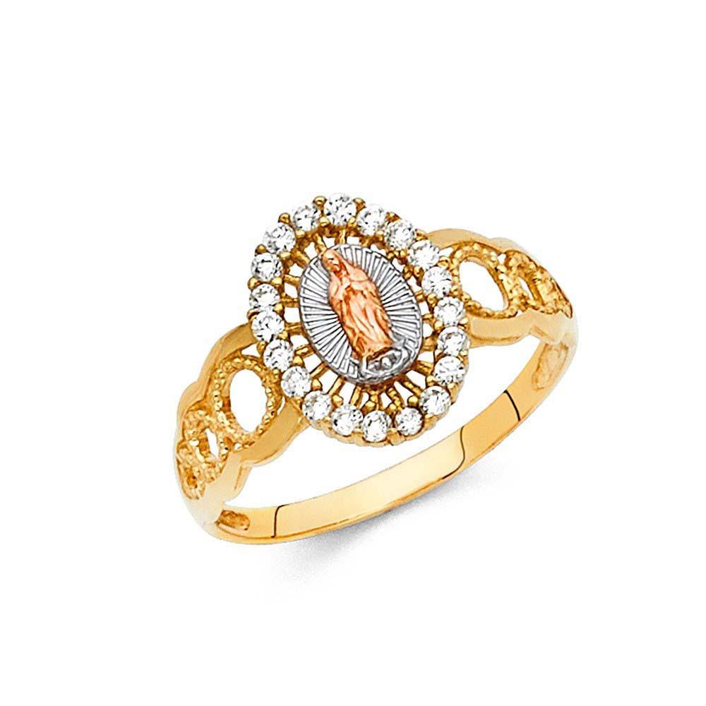 14K Tri Color 12mm Clear CZ Our Lady of Guadalupe Ring - silverdepot