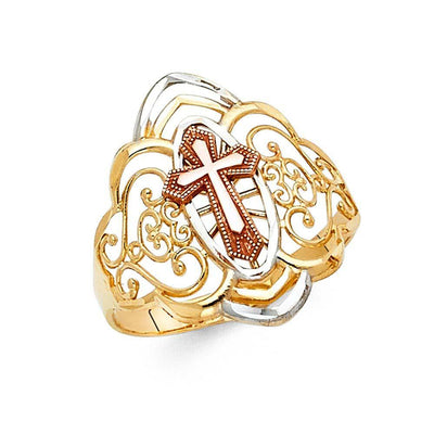 14K Tri Color 20mm Cross Ring - silverdepot