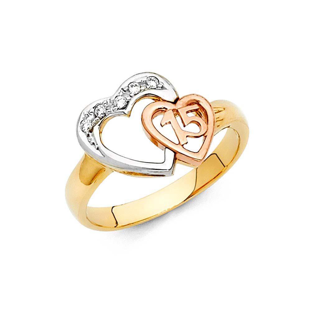 14K Tri Color 11mm Clear CZ 15 Years Heart Ring