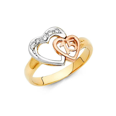 14K Tri Color 11mm Clear CZ 15 Years Heart Ring - silverdepot