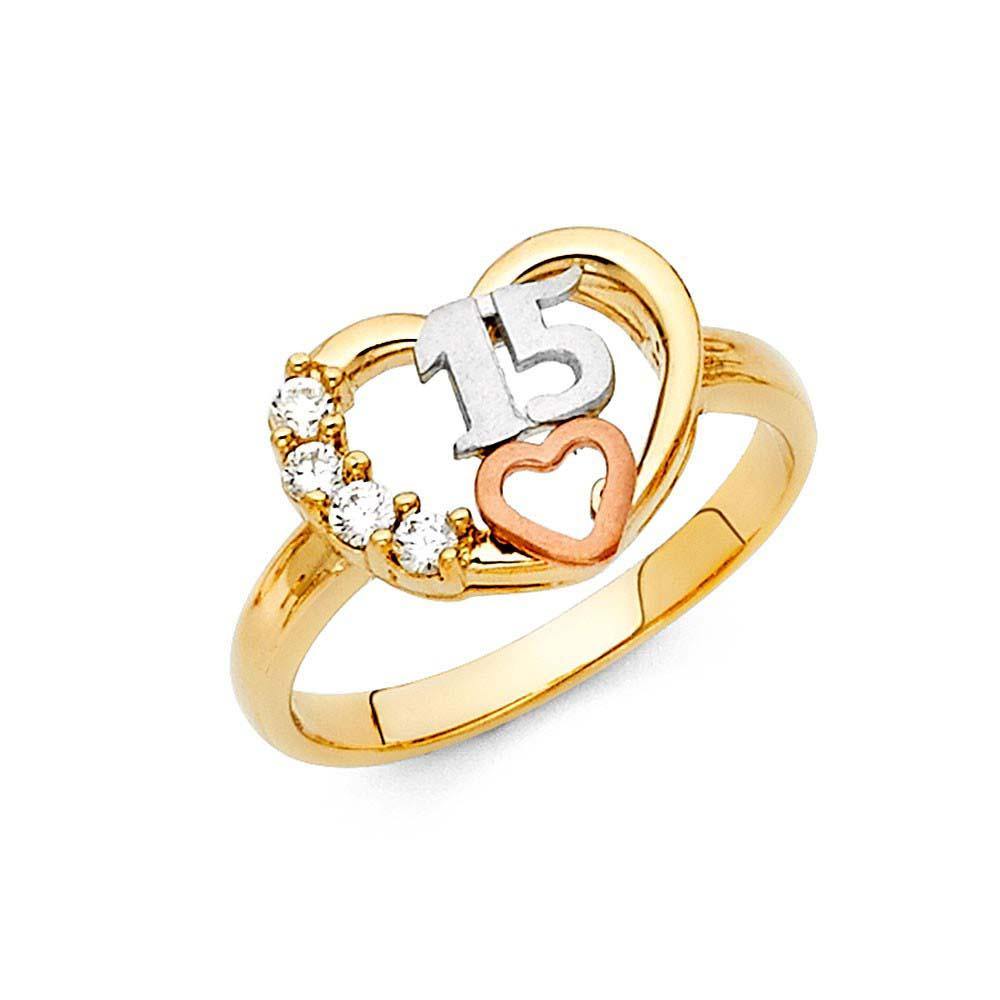 14K Tri Color 11mm Clear CZ 15 Years Heart Ring - silverdepot