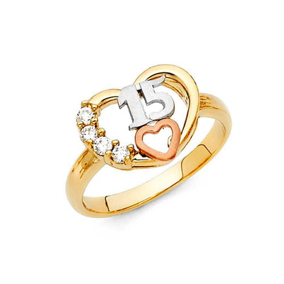14K Tri Color 11mm Clear CZ 15 Years Heart Ring - silverdepot