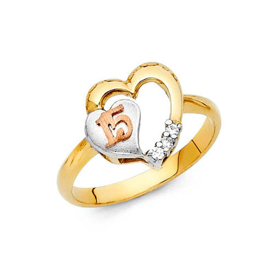14K Tri Color 12mm Clear CZ 15 Years Heart Ring - silverdepot
