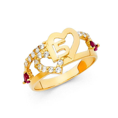 14K Yellow Gold 11mm 15 Years Pink And Clear CZ Heart Ring - silverdepot