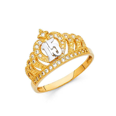 14K Yellow Gold 12mm 15 Years Clear CZ Crown Ring - silverdepot