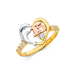 14K Tri Color 12mm 15 Years Clear CZ Heart Ring