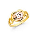 14K Tri Color 11mm 15 Years Heart Ring