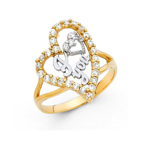 14K Two Tone 20mm Clear CZ Assorted I Love You Ring