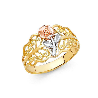 14K Tri Color 11mm Assorted Fancy Flower Ring - silverdepot
