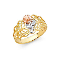 14K Tri Color 11mm Assorted Fancy Flower Ring