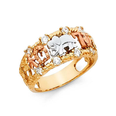 14K Tri Color 10mm Clear CZ Lucky Ring - silverdepot