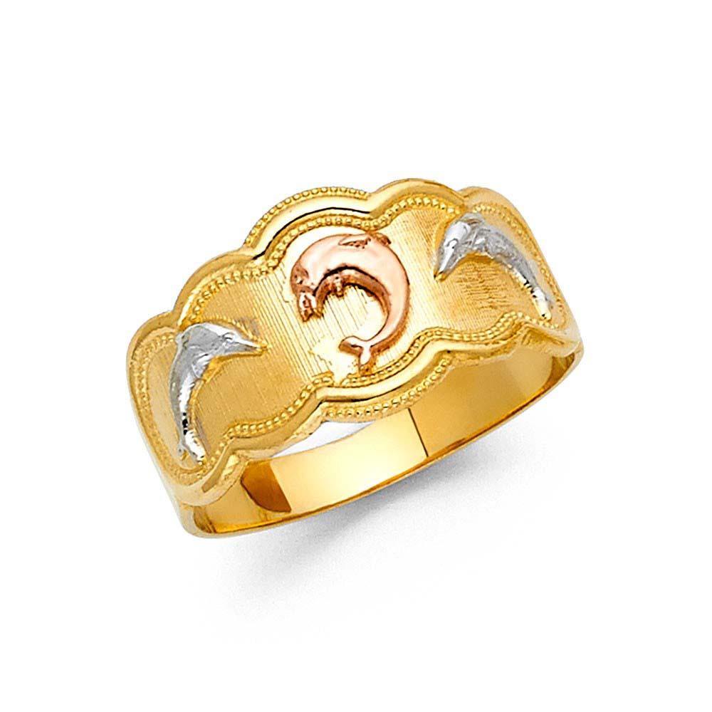 14K Tri Color 11mm Fancy Dolphin Ring - silverdepot