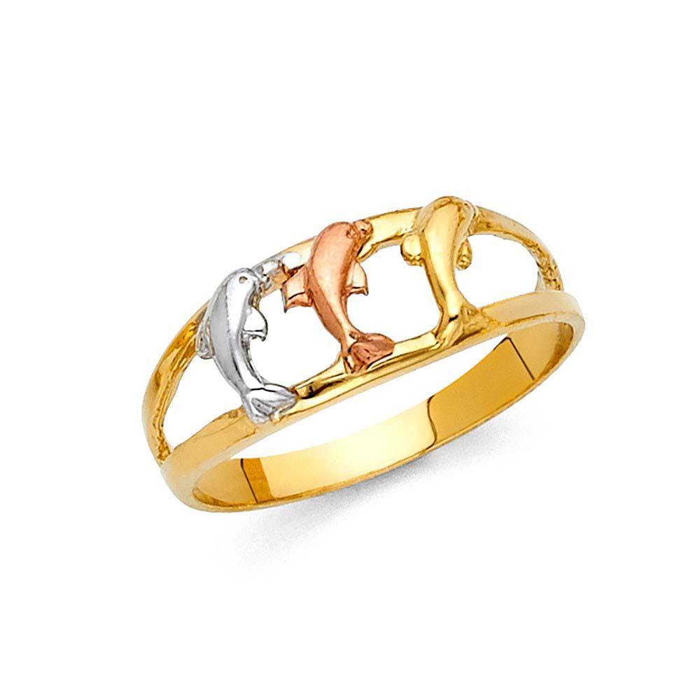 14K Tri Color 8mm Fancy Dolphin Ring - silverdepot