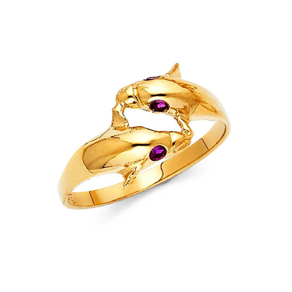 14K Yellow Gold 10mm Pink CZ Fancy Dolphin Ring - silverdepot