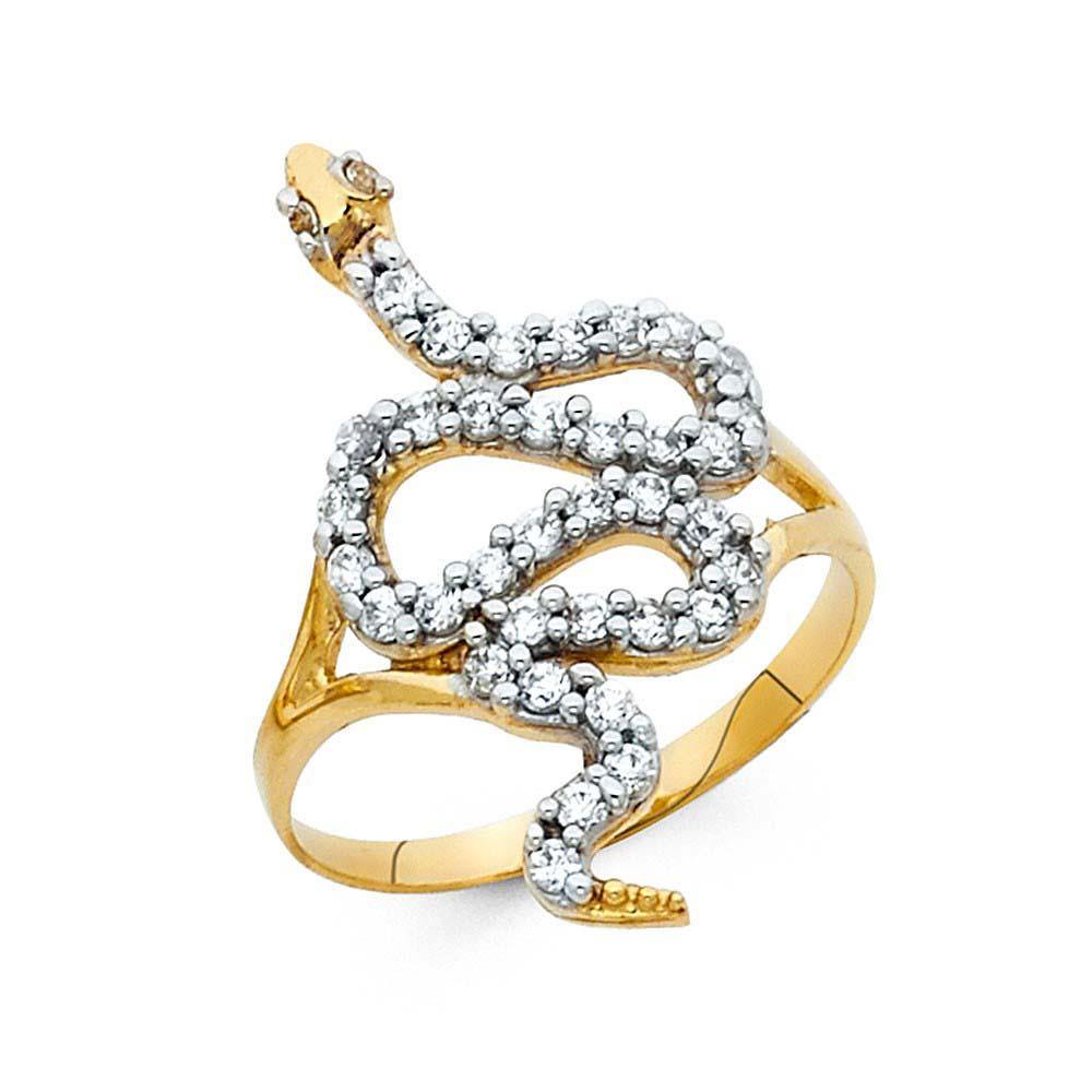 14K Yellow Gold 25mm Clear CZ Fancy Snake Ring - silverdepot