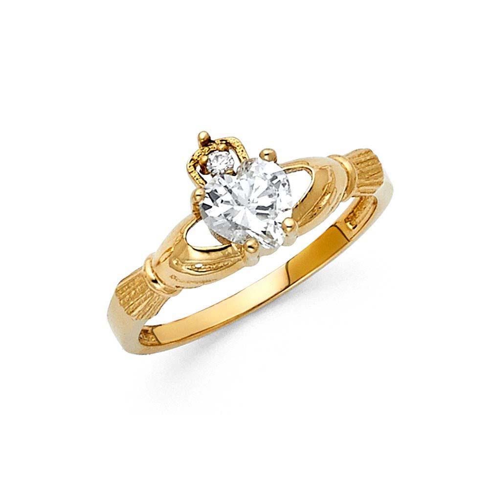 14K Yellow Gold 9mm Clear CZ Fancy Claddagh Ring - silverdepot